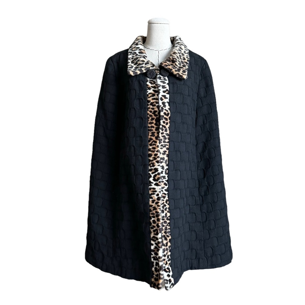 Vintage 60s Black Cape Poncho Coat Faux Fur Leopard Print Mod Hollywood Glam